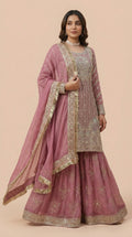 Deep Pink Chiffon Georgette Embroidered Sharara Suit Set