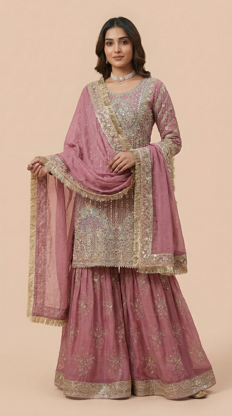 Deep Pink Chiffon Georgette Embroidered Sharara Suit Set
