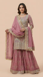 Deep Pink Chiffon Georgette Embroidered Sharara Suit Set