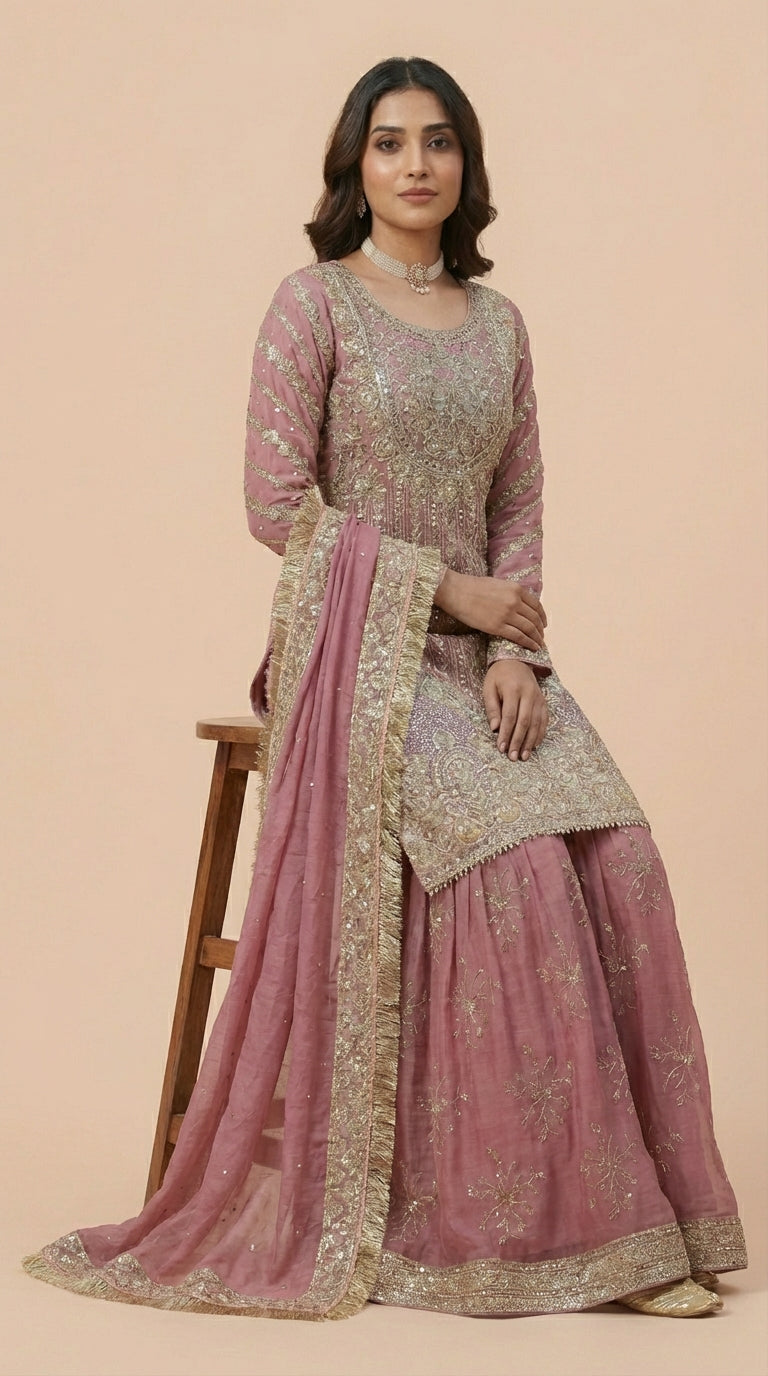 Deep Pink Chiffon Georgette Embroidered Sharara Suit Set
