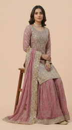Deep Pink Chiffon Georgette Embroidered Sharara Suit Set