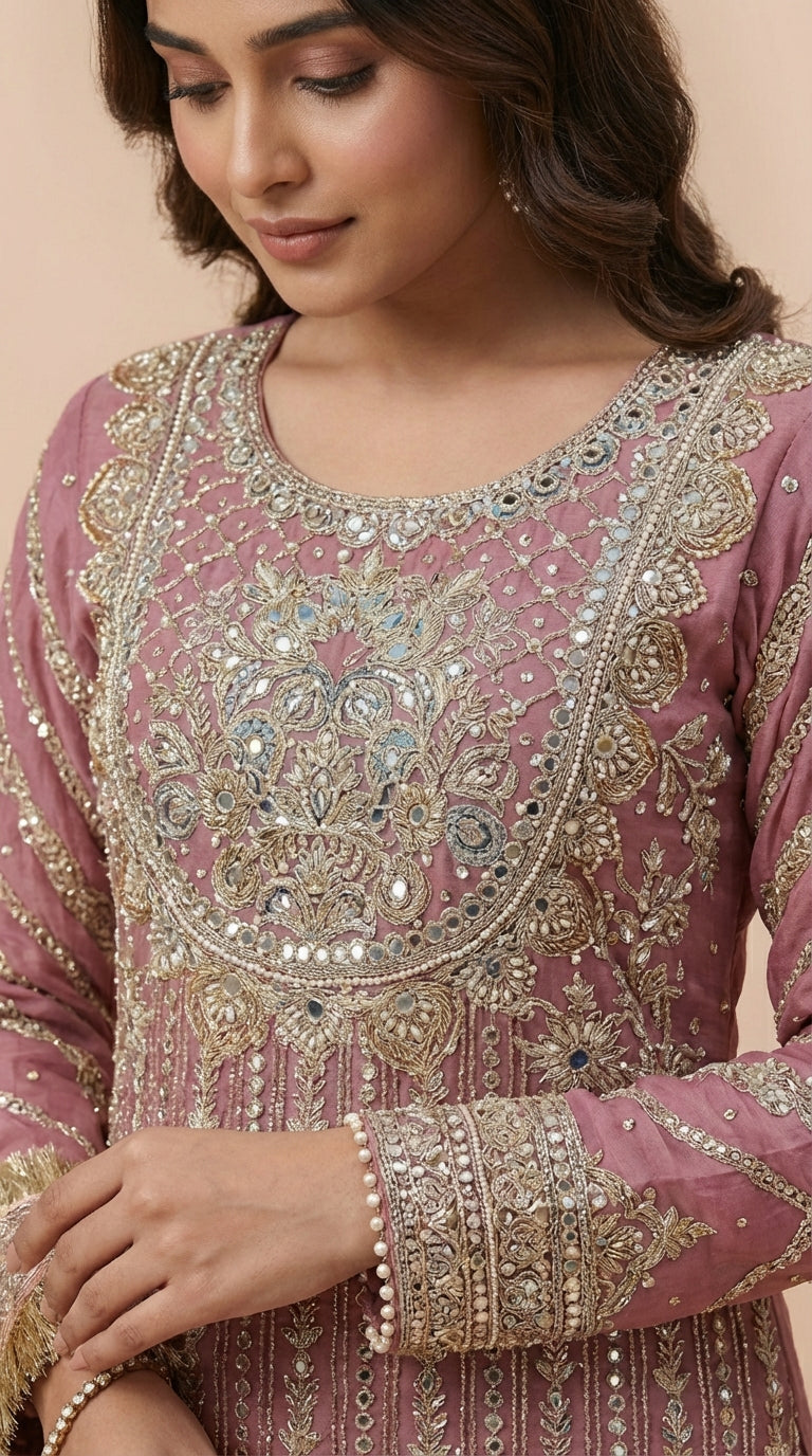 Deep Pink Chiffon Georgette Embroidered Sharara Suit Set