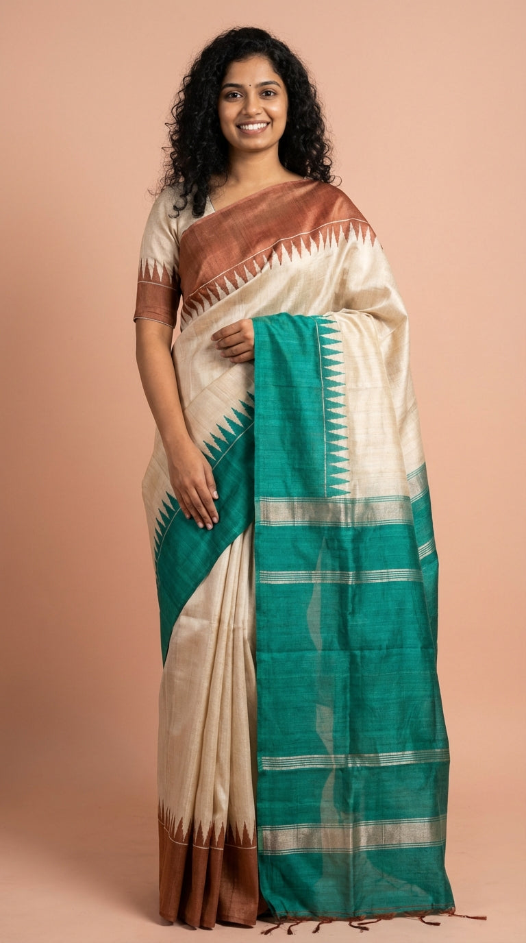 Bhagalpuri Tussar Silk Saree with Temple Border