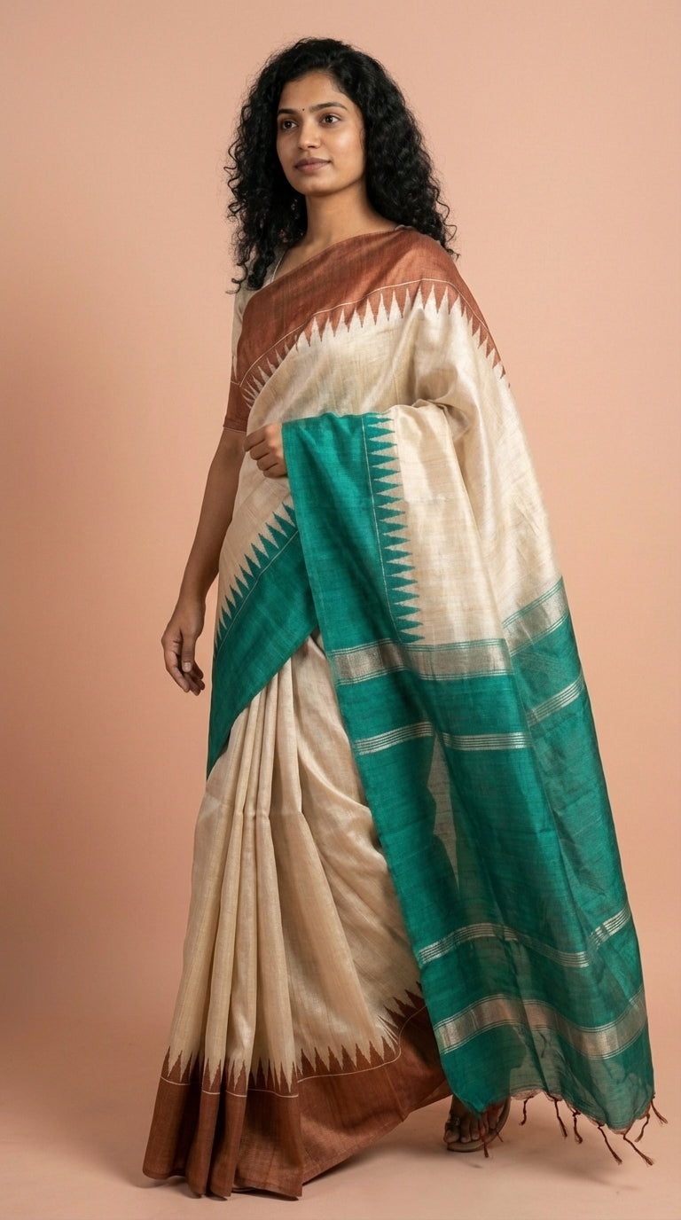 Bhagalpuri Tussar Silk Saree with Temple Border