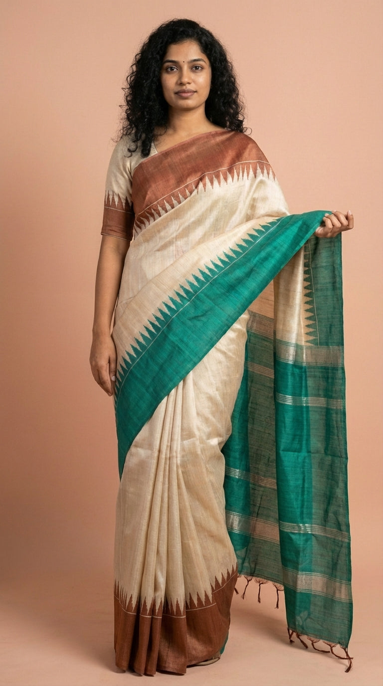 Bhagalpuri Tussar Silk Saree with Temple Border