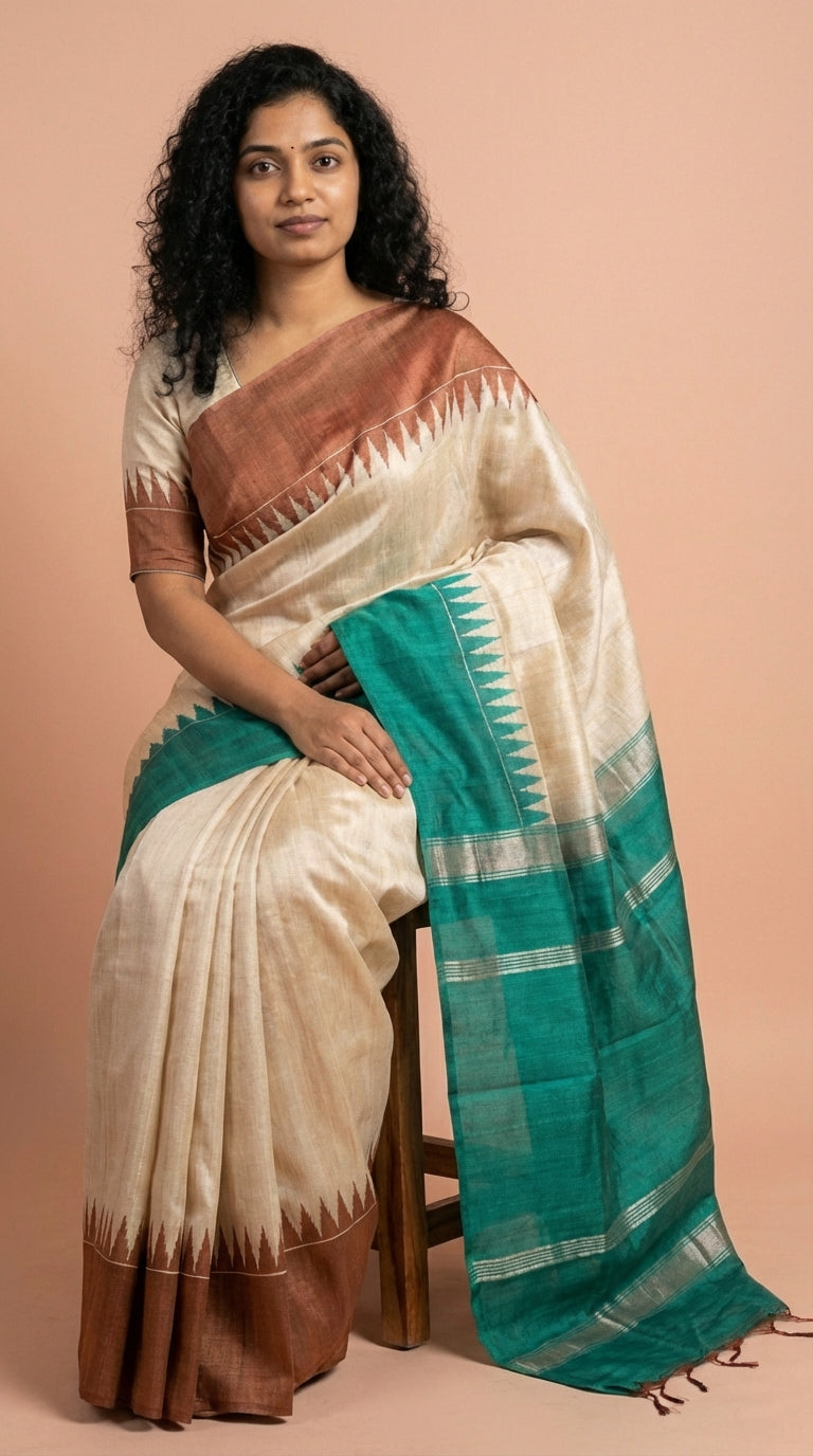 Bhagalpuri Tussar Silk Saree with Temple Border