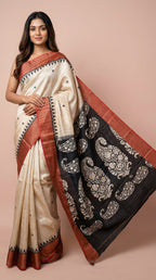 Bhagalpuri Tussar Silk Saree with Paisley Pallu & Temple Border