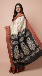 Bhagalpuri Tussar Silk Saree with Paisley Pallu & Temple Border