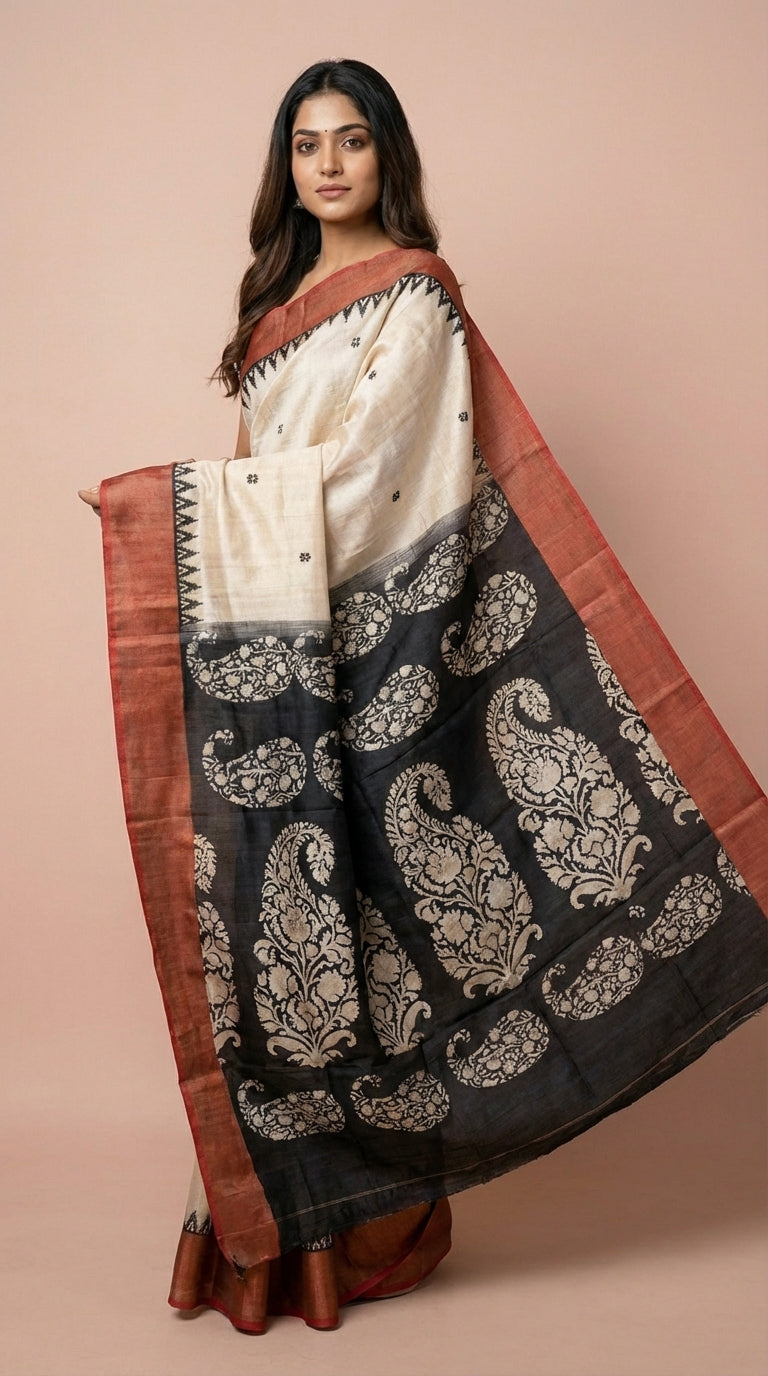 Bhagalpuri Tussar Silk Saree with Paisley Pallu & Temple Border