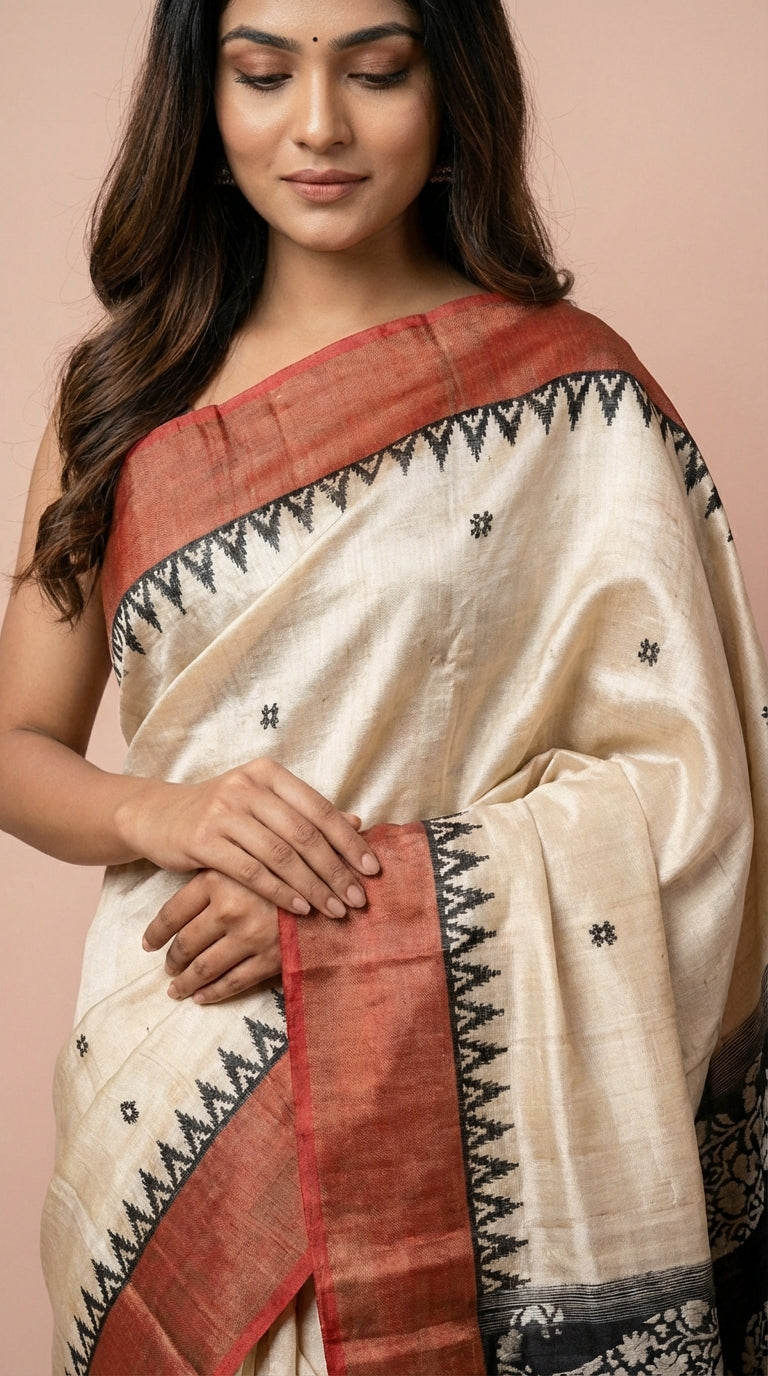 Bhagalpuri Tussar Silk Saree with Paisley Pallu & Temple Border