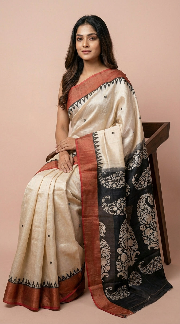 Bhagalpuri Tussar Silk Saree with Paisley Pallu & Temple Border