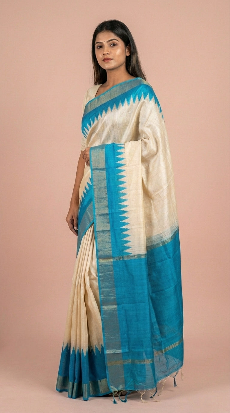Bhagalpuri Tussar Silk Saree in Cerulean Blue & Cream