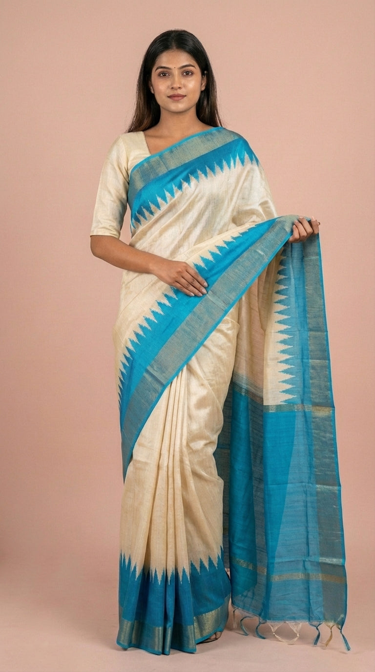 Bhagalpuri Tussar Silk Saree in Cerulean Blue & Cream
