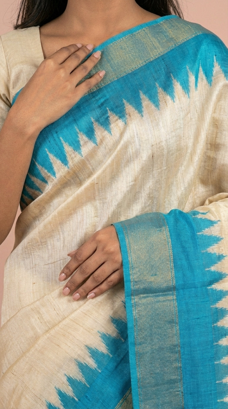 Bhagalpuri Tussar Silk Saree in Cerulean Blue & Cream