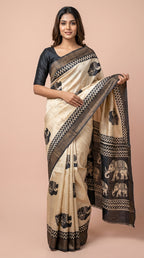 Bhagalpuri Tussar Silk Saree with Elephant Motifs and Zig-Zag Border