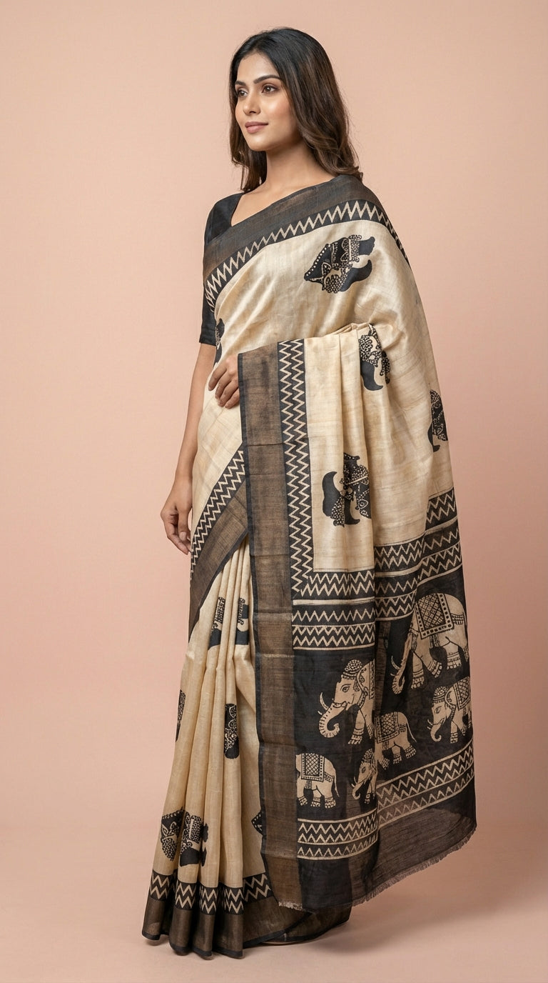 Bhagalpuri Tussar Silk Saree with Elephant Motifs and Zig-Zag Border