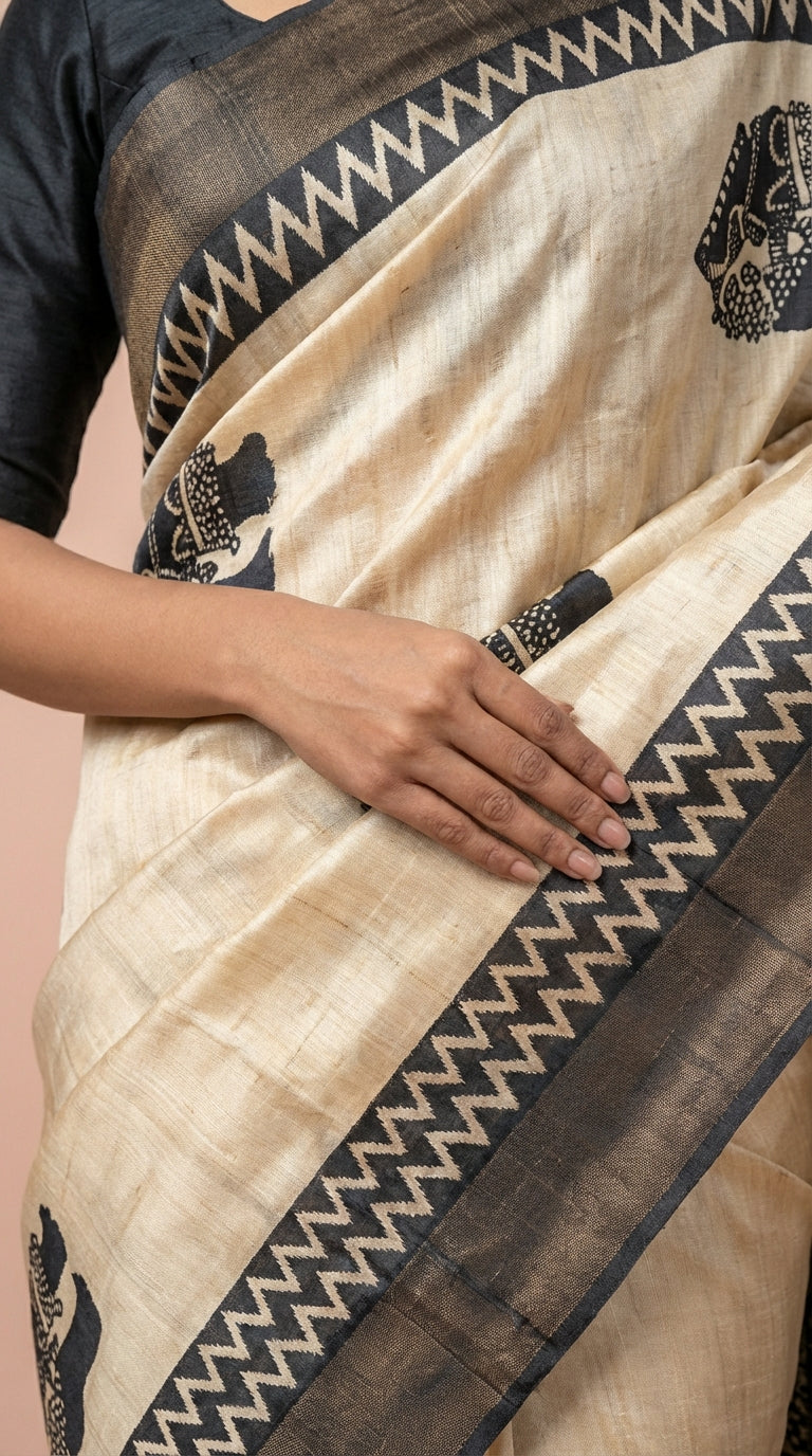 Bhagalpuri Tussar Silk Saree with Elephant Motifs and Zig-Zag Border