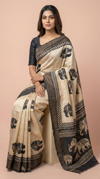 Bhagalpuri Tussar Silk Saree with Elephant Motifs and Zig-Zag Border