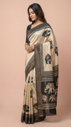 Bhagalpuri Tussar Silk Saree with Elephant Motifs and Zig-Zag Border