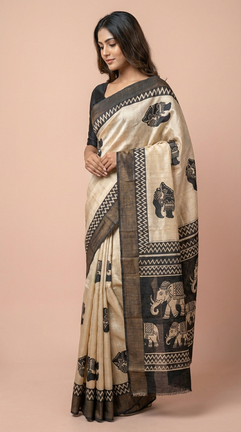 Bhagalpuri Tussar Silk Saree with Elephant Motifs and Zig-Zag Border