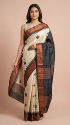 Bhagalpuri Tussar Silk Saree with Floral Butis and Contrast Border