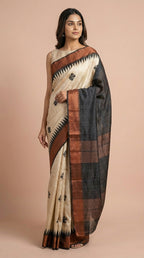 Bhagalpuri Tussar Silk Saree with Floral Butis and Contrast Border