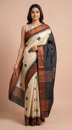 Bhagalpuri Tussar Silk Saree with Floral Butis and Contrast Border