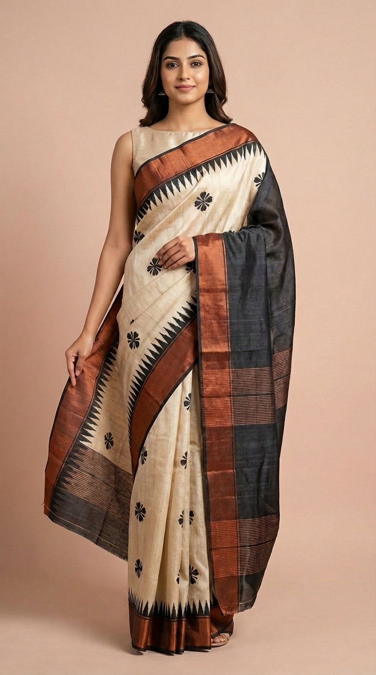 Bhagalpuri Tussar Silk Saree with Floral Butis and Contrast Border