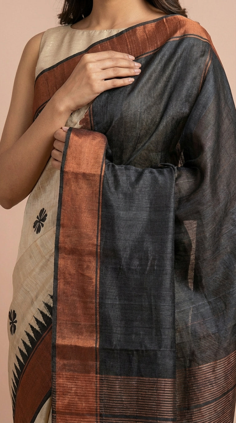 Bhagalpuri Tussar Silk Saree with Floral Butis and Contrast Border