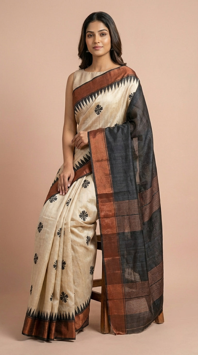 Bhagalpuri Tussar Silk Saree with Floral Butis and Contrast Border