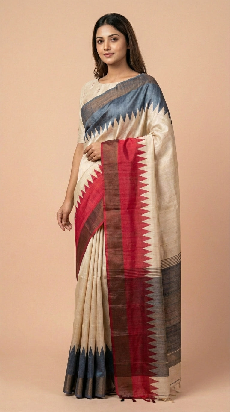 Bhagalpuri Tussar Silk Saree in Crimson & Slate Blue
