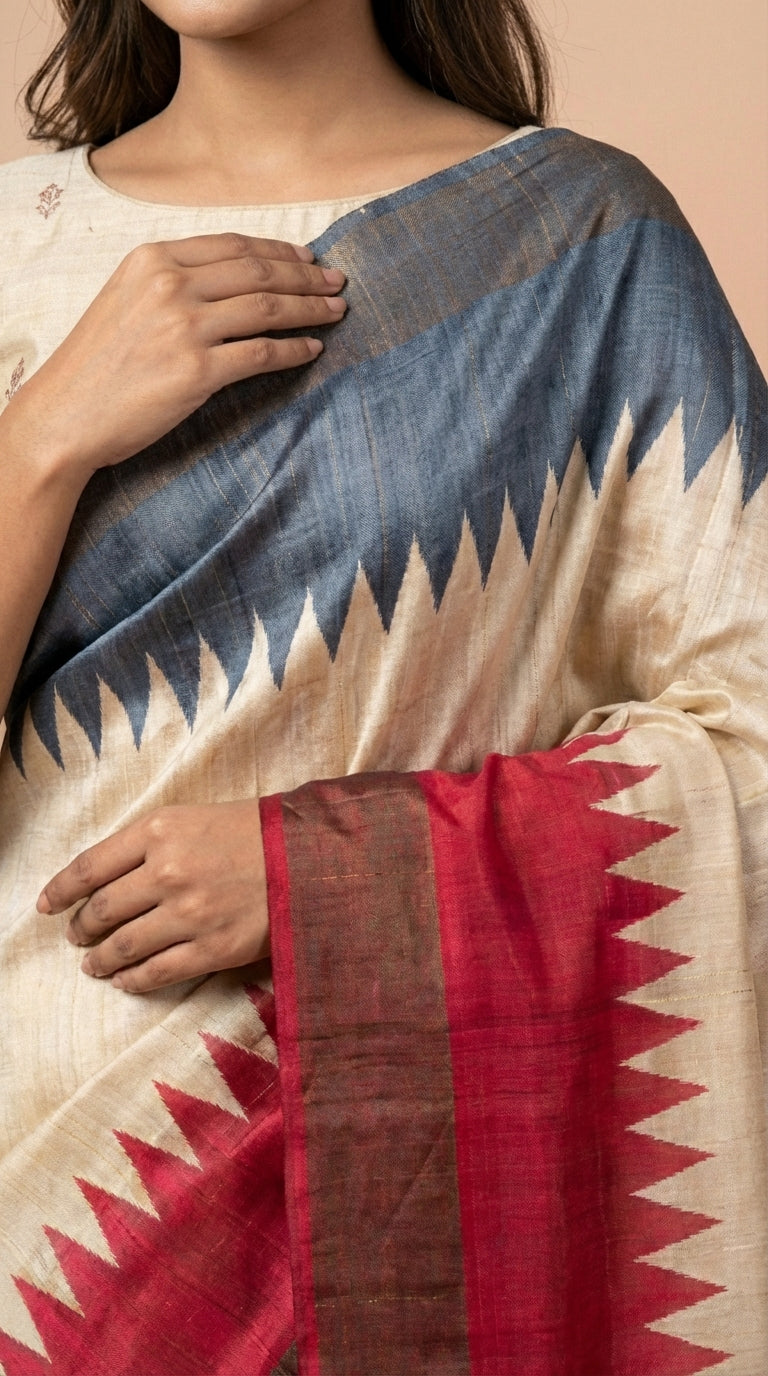 Bhagalpuri Tussar Silk Saree in Crimson & Slate Blue