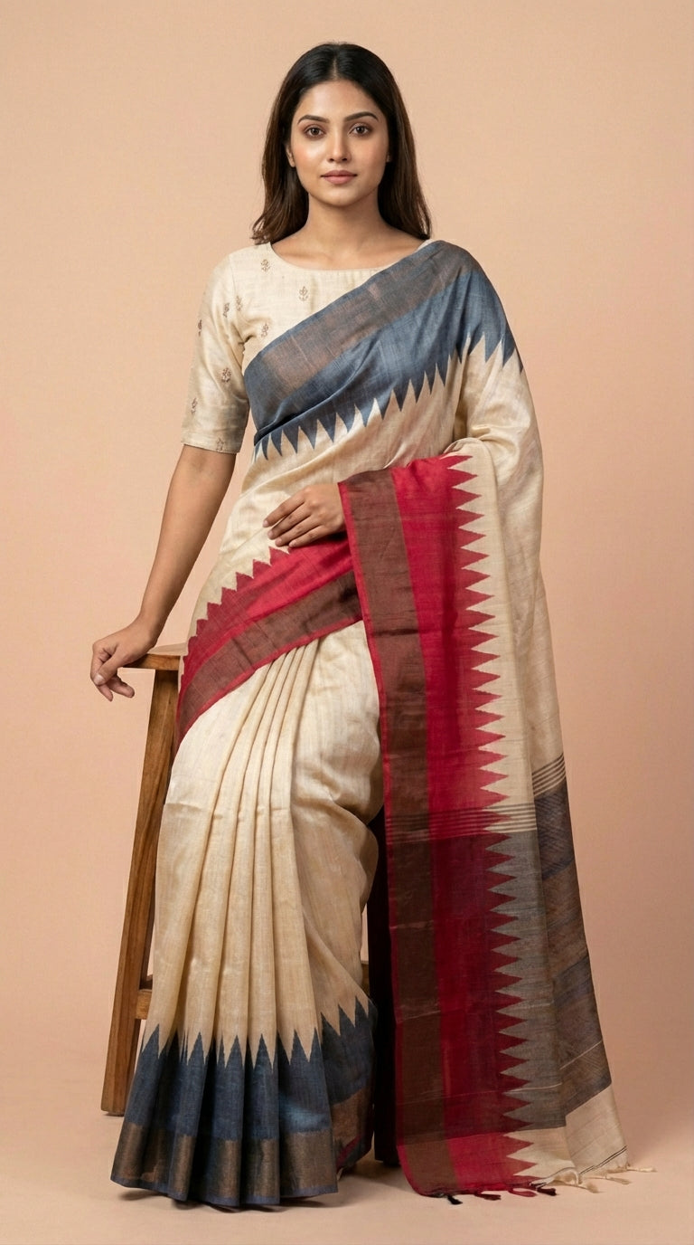 Bhagalpuri Tussar Silk Saree in Crimson & Slate Blue