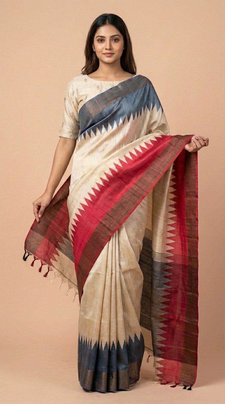 Bhagalpuri Tussar Silk Saree in Crimson & Slate Blue