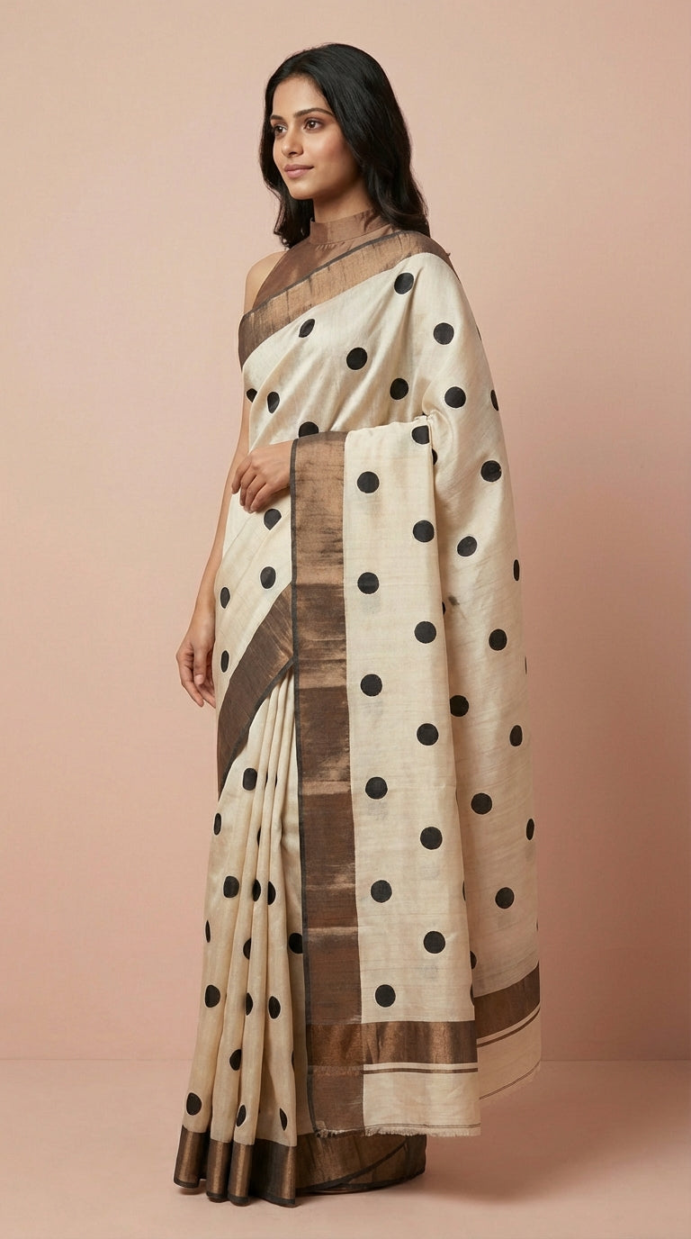 Bhagalpuri Tussar Silk Saree with Polka Dots & Metallic Border