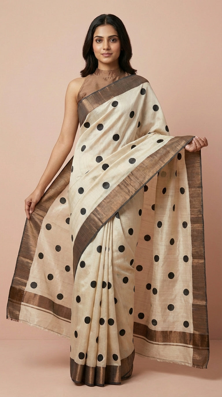 Bhagalpuri Tussar Silk Saree with Polka Dots & Metallic Border