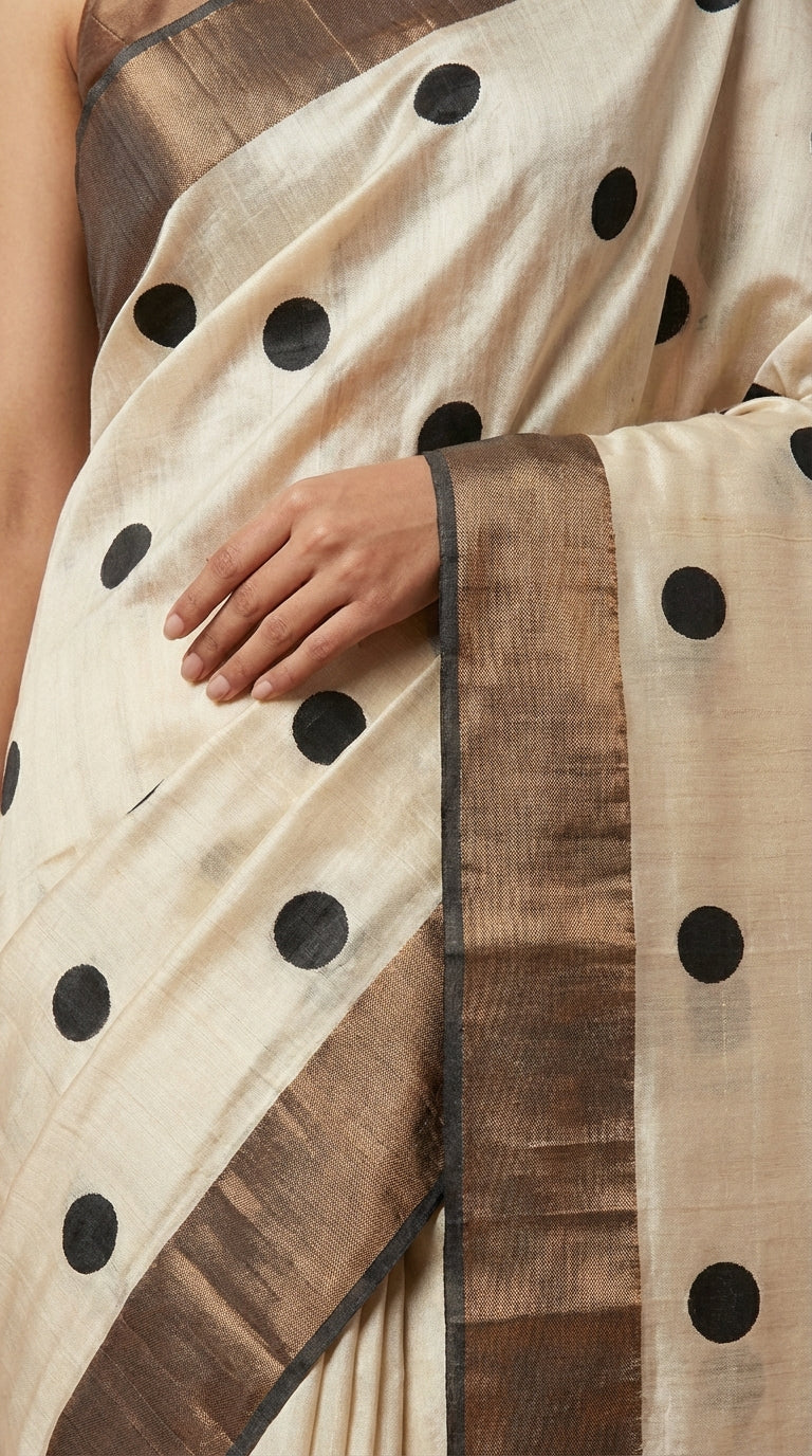 Bhagalpuri Tussar Silk Saree with Polka Dots & Metallic Border
