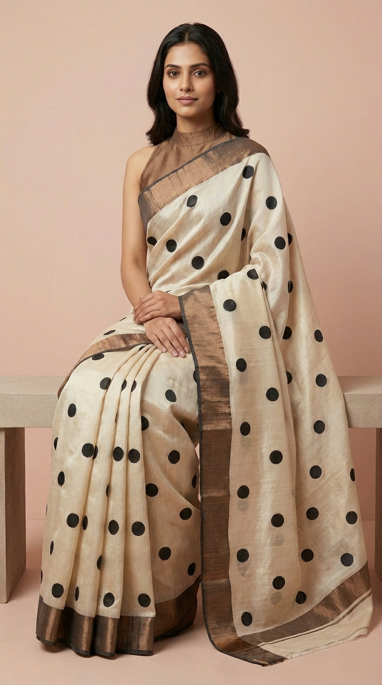 Bhagalpuri Tussar Silk Saree with Polka Dots & Metallic Border