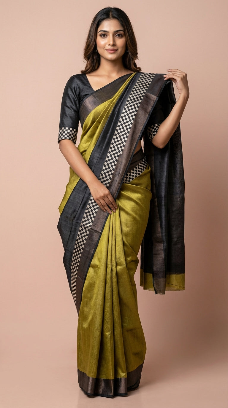 Bhagalpuri Tussar Silk Saree in Olive Gold with Checkerboard Border