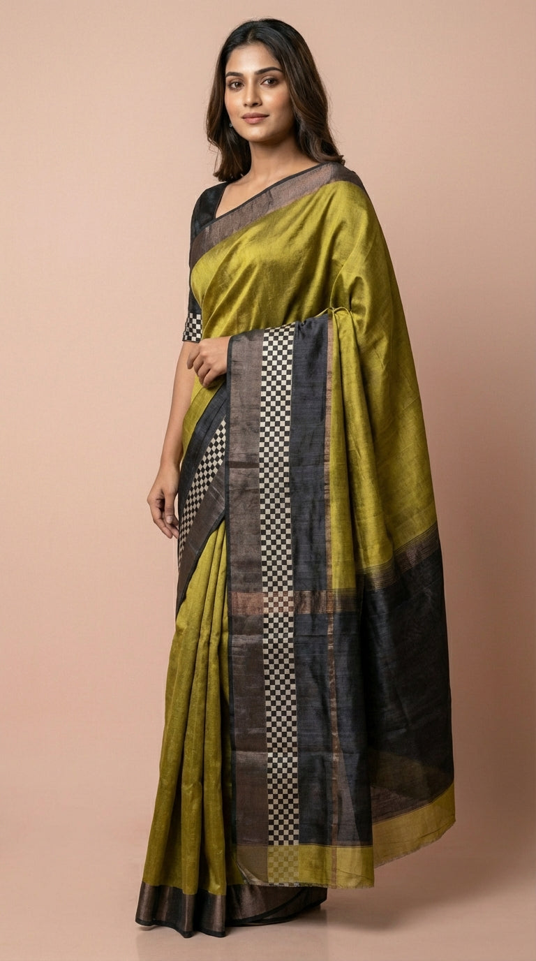 Bhagalpuri Tussar Silk Saree in Olive Gold with Checkerboard Border