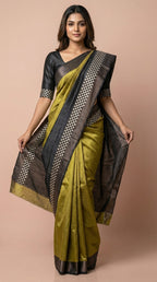 Bhagalpuri Tussar Silk Saree in Olive Gold with Checkerboard Border