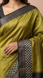 Bhagalpuri Tussar Silk Saree in Olive Gold with Checkerboard Border