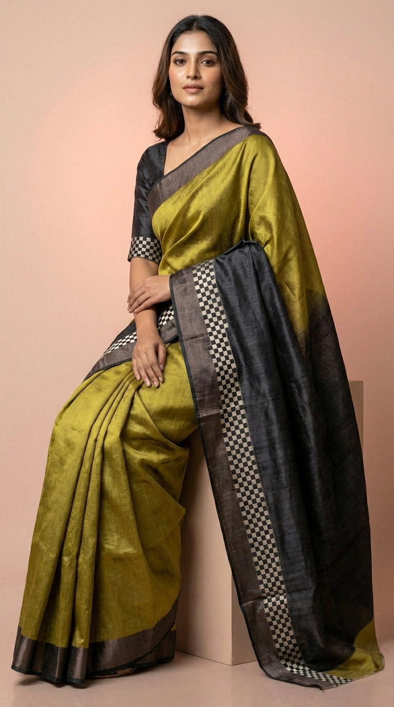 Bhagalpuri Tussar Silk Saree in Olive Gold with Checkerboard Border