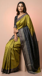Bhagalpuri Tussar Silk Saree in Olive Gold with Checkerboard Border