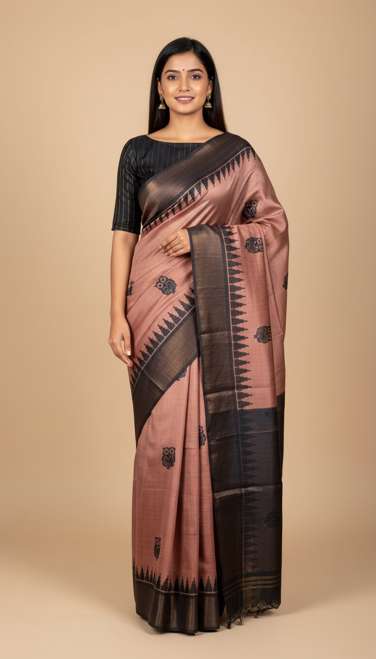Bhagalpuri Tussar Silk Saree with Owl Motifs and Temple Border