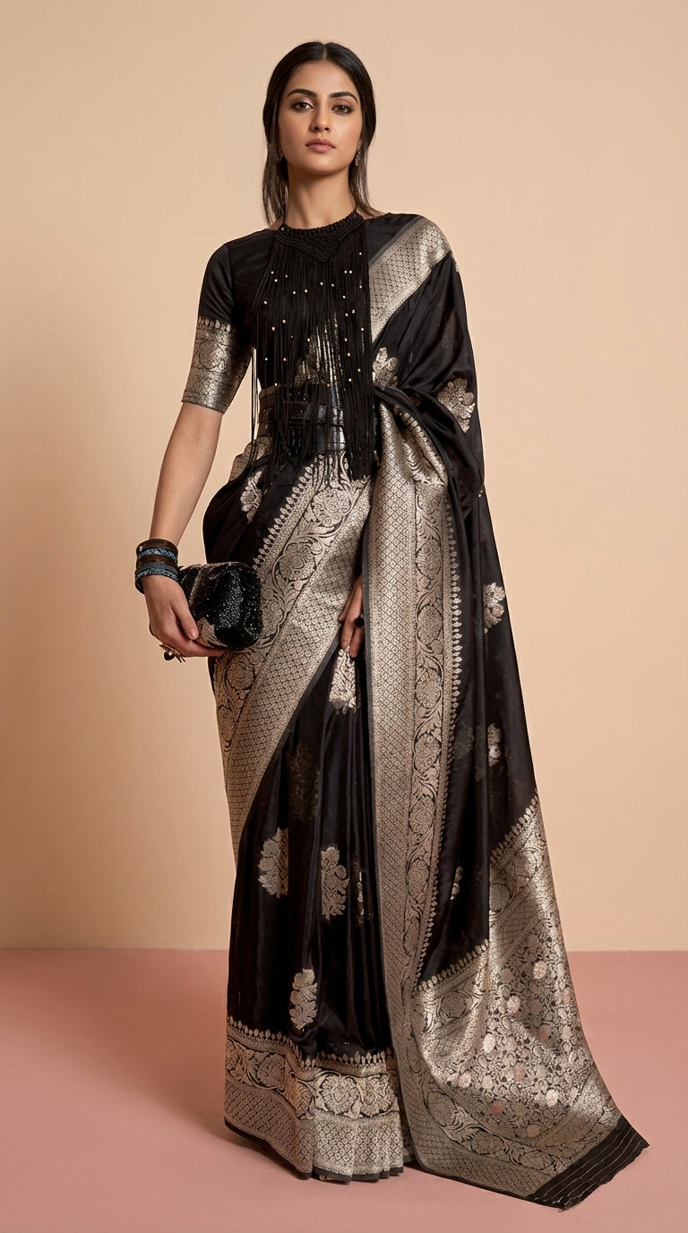 Korsa Georgette Black & Silver Pure Khaddi Saree