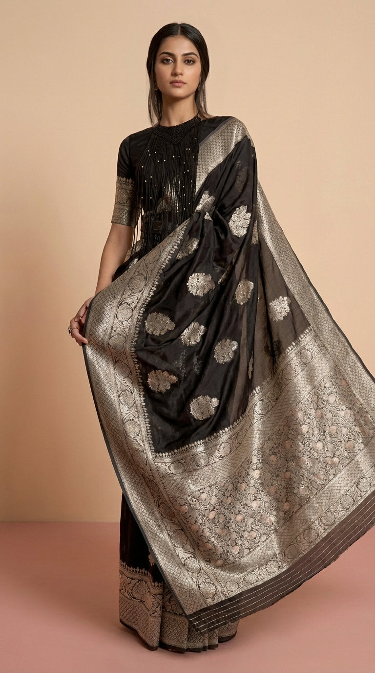 Korsa Georgette Black & Silver Pure Khaddi Saree