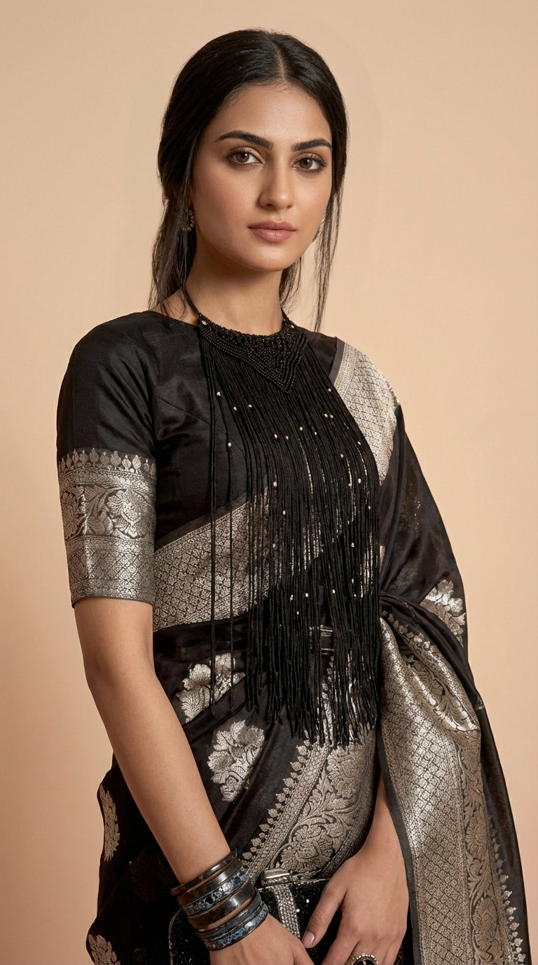 Korsa Georgette Black & Silver Pure Khaddi Saree
