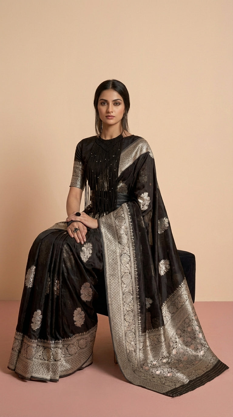 Korsa Georgette Black & Silver Pure Khaddi Saree
