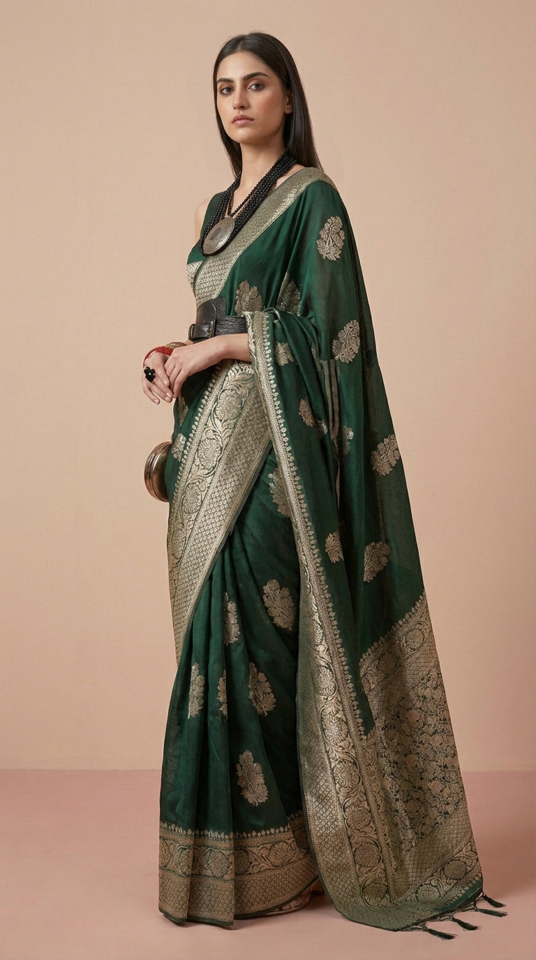 Emerald Green Korsa Georgette Khaddi Saree